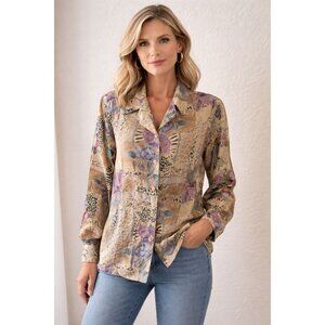 Dress Barn Vintage Colorful Collared Button Down Top 100% Silk Size M Timeless